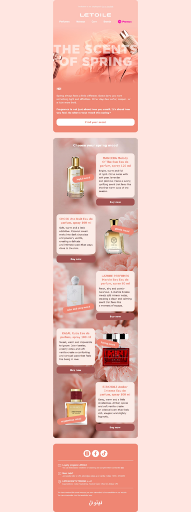 Marketing page for LETOILE perfumes featuring spring scents with pink gradient background and product cards