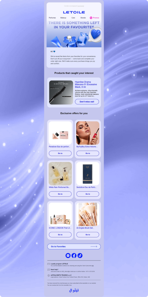 Promotional LE TOILE email layout showing product cards (perfume, makeup) in a blue themed mobile newsletter window.