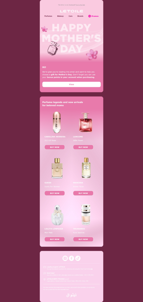 Promotional pink newsletter featuring a ‘Happy Mother's Day’ banner and a grid of perfume products with Buy Now buttons.