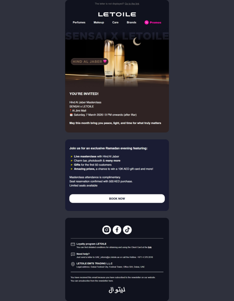 Invitation banner for Hind Al Jaber Masterclass by Sensa x LETOILE with perfume bottles on a dark background