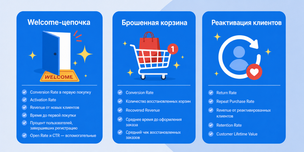 Three blue infographic panels showing ecommerce funnel stages: Welcome, Abandoned Cart, and Customer Reactivation, with icons and checklists.