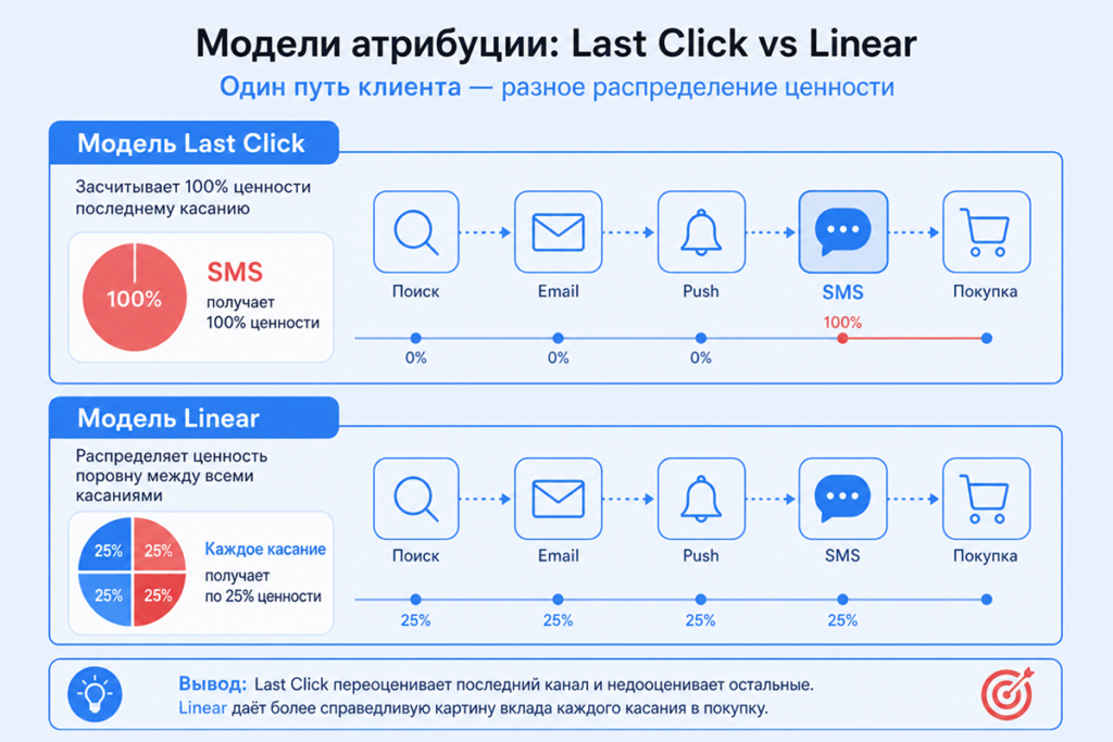 Infographic comparing Last Click and Linear attribution models in Russian, showing steps from Search to Purchase and value distribution.