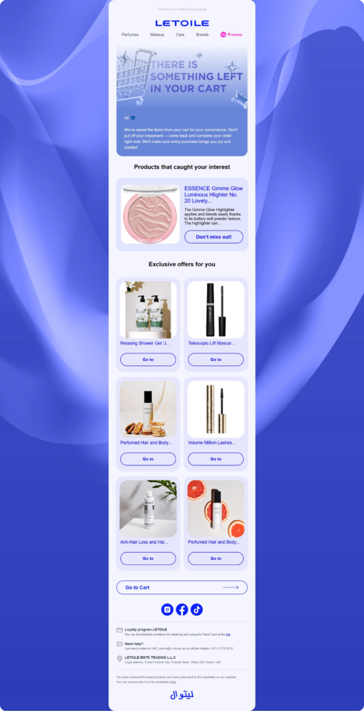Mobile LETOILE newsletter showcasing product recommendations with image cards and'Go to' buttons, plus social icons and footer.